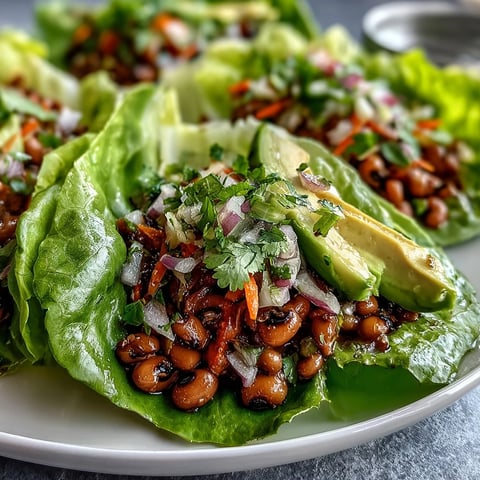 Fresh black-eyed pea filling with diced red bell pepper and cilantro, spooned into crisp butter lettuce leaves for a vibrant, gluten-free appetizer.
