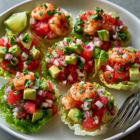 Spicy Watermelon Shrimp Ceviche Cups served in crisp lettuce, topped with fresh cilantro and avocado.