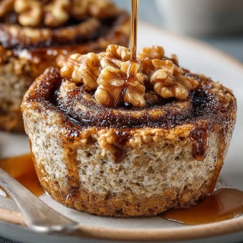 Warm Cinnamon Swirl Baked Oatmeal Cups topped with pecans and a drizzle of maple syrup.