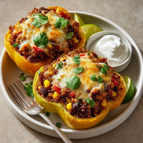 Cheesy Quinoa-Stuffed Bell Peppers in a casserole dish, vibrant with black beans, corn, and tomatoes.