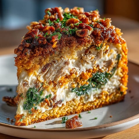 Savory Chaos Cake with roast turkey and spiced sweet potato crumble fresh from the oven.