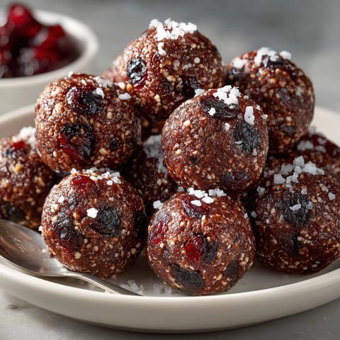 No-bake Cherry-Coded Dark Chocolate Energy Bites with Sea Salt stacked, showing gooey chocolate and chewy cherry pieces.
