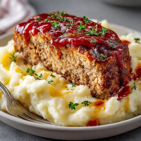 Hearty Classic Comfort Meatloaf and Mashed Potato Skillet topped with creamy, golden-baked mashed potatoes