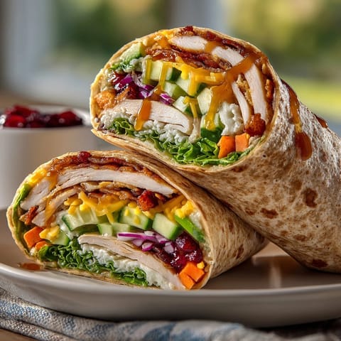 A close-up of a loaded Thanksgiving Leftover Turkey Wrap, showcasing the delicious layers.