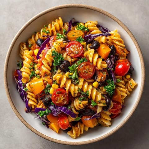 Tangy Spooky Black Bean Halloween Pasta Salad, ready to serve for a spooky, delicious treat.