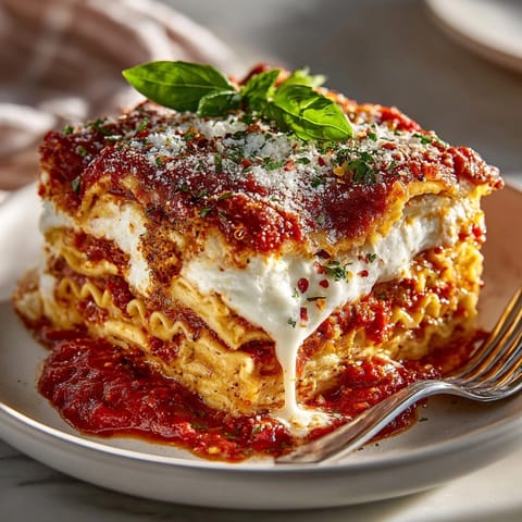 A close-up of the layered Pizza Roll Lasagna, a comfort food delight with melted mozzarella.
