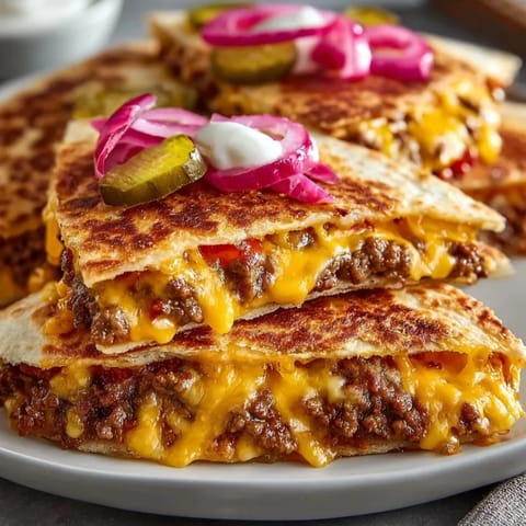 A close-up shot of sizzling Cheeseburger Quesadillas alongside a creamy special sauce for dipping.