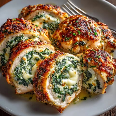 Golden-baked ricotta spinach stuffed chicken thighs with melty mozzarella, served alongside fresh greens.