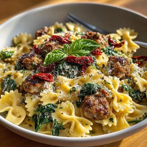 Close-up of Tuscan Sun-Dried Tomato & Sausage Pasta Skillet steaming in a rustic cast iron pan.