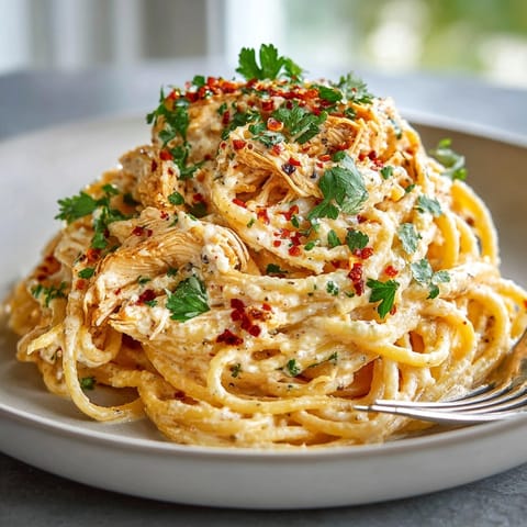 Close-up of cheesy creamy chipotle chicken spaghetti with tender shredded chicken and smoky sauce.