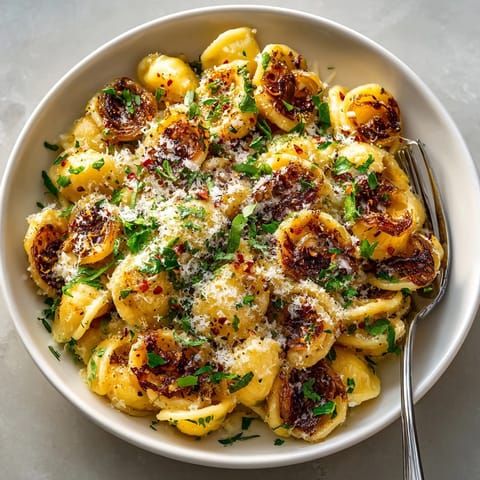 Close-up of Easy French Onion Pasta glistening with savory caramelized onions and fresh parsley garnish