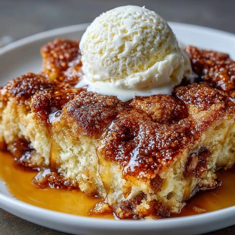 A warm Snickerdoodle Cobbler dessert served in a dish with melty vanilla ice cream.