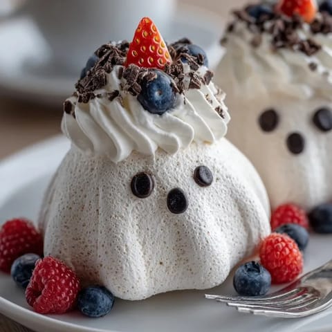 Close-up of Poltergeist Pavlovas showing crispy meringue, soft filling, and berry topping.