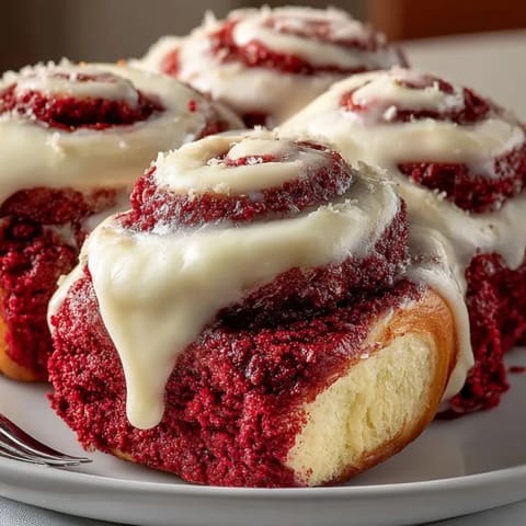 Close-up of freshly baked Red Velvet Cinnamon Rolls, showing swirl layers and sweet cream cheese icing.