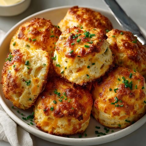 Warm cheddar and chive savory scones with flaky layers, hinting at buttery richness.