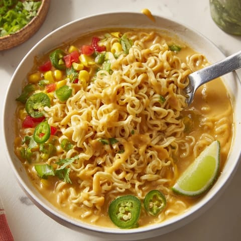 Indulge in a savory queso ramen bowl, perfect for cheese lovers and comfort seekers.  