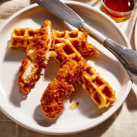 Golden waffles wrapped around tender chicken tenders create perfect Crispy Chicken Waffle Sticks.  