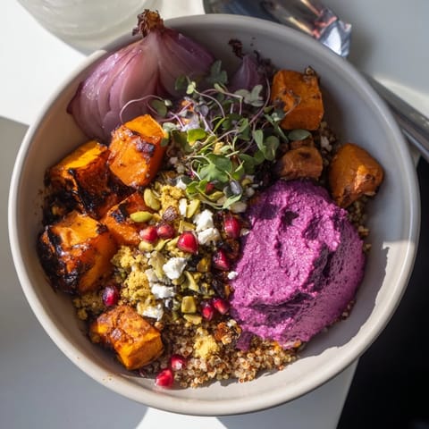 Colorful roasted winter vegetables in a cozy Spiced Winter Bowl with ube-coconut purée.  