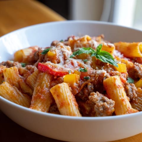 A comforting baked rigatoni with sausage, peppers, and a rich tomato sauce.  