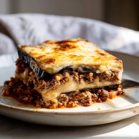 Golden-brown Moussaka with Beef & Eggplant topped with savory béchamel and cheese.  