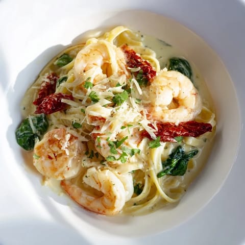 Tuscan Garlic Shrimp Pasta with perfectly cooked shrimp and a savory Parmesan sauce, ready to eat.