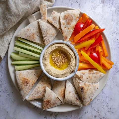 Creamy homemade hummus, surrounded by fluffy pitas and colorful vegetables for easy snacking.