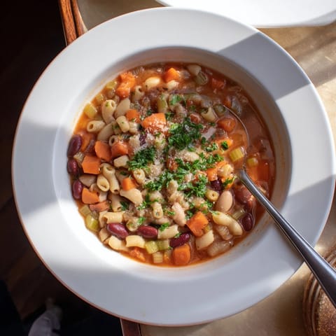 A steaming bowl of Pasta e Fagioli Soup garnished with fresh parsley and Parmesan.