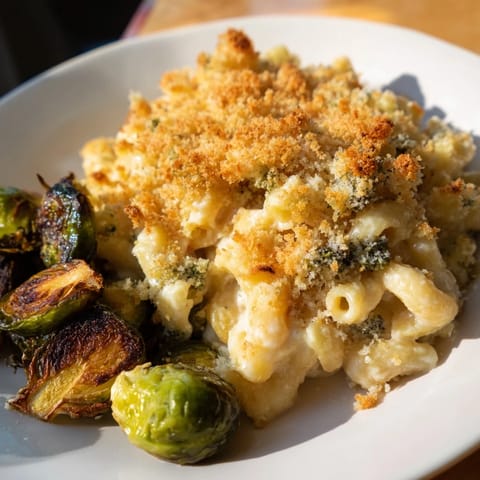 A close-up of a fully-loaded sheet pan of creamy Mac and Cheese featuring roasted Brussels sprouts.