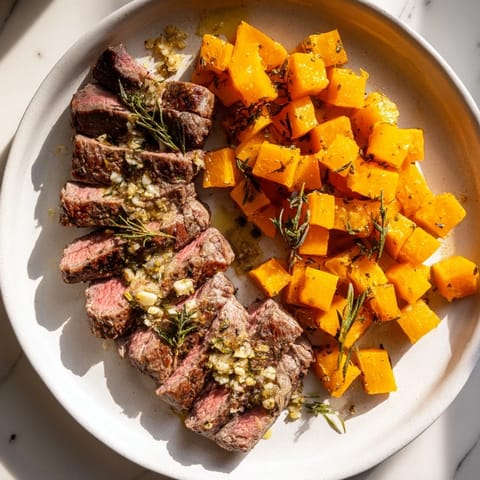 Golden butternut squash and flavorful steak, a beautiful arrangement for easy and delicious steak bowls.
