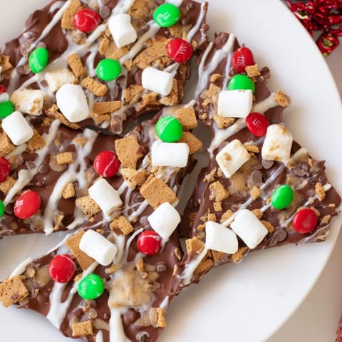 Vibrant holiday Quick Christmas Smores Bark, loaded with chocolate, graham crackers, and festive sprinkles for a sweet treat.
