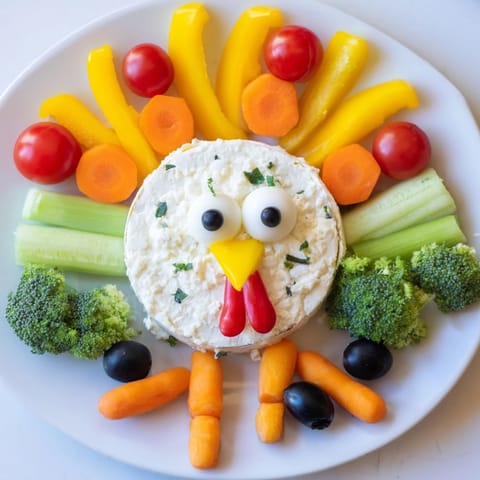 A beautifully arranged turkey shaped appetizer tray filled with various fresh, healthy ingredients and cheese.