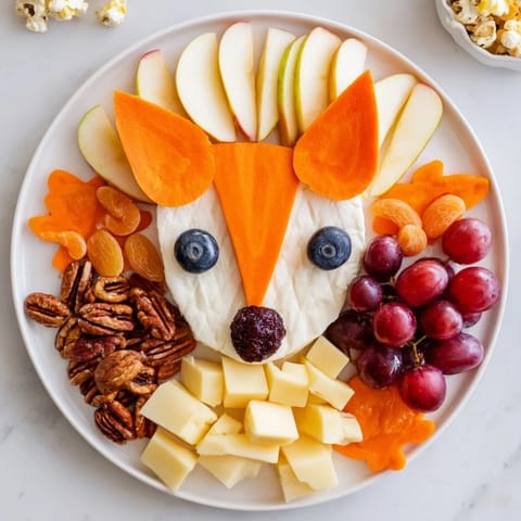 Beautifully arranged Whimsical Fox Fall Treat Board with a goat cheese fox head and colorful goodies, ready to serve.