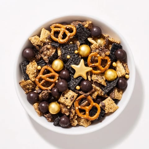 Warm, toasted Midnight Snack Mix featuring golden candies and rich dark chocolate chips.