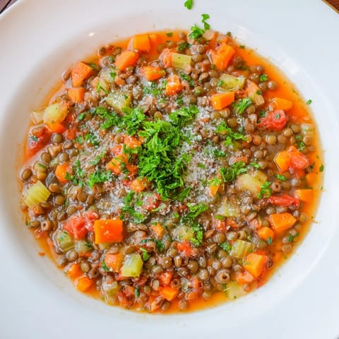 Rustic close-up of vibrant Ditalini and Lentil Soup, showcasing tender lentils and pasta.
