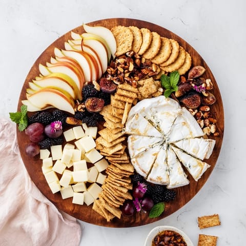 Taste the delightful Yin-Yang Balance cheese board, featuring fresh fruits and gourmet cheeses.