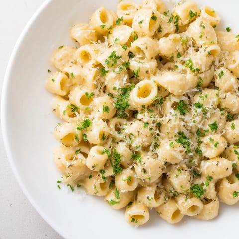 A close-up view of the creamy ditalini pasta, showcasing the rich garlic sauce and fresh parsley garnish.