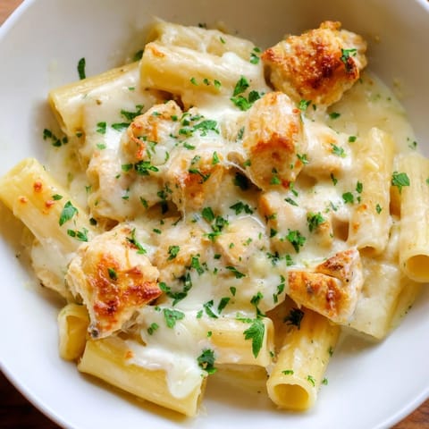 A steaming baking dish of Chicken Alfredo Bake, featuring tender chicken in a rich, white sauce.
