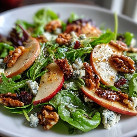Fresh slices of crisp apples and chopped walnuts tossed with mixed greens in a tangy vinaigrette, topped with crumbled cheese for a refreshing Apple and Walnut Salad.