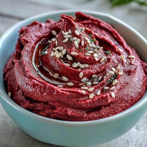 A bowl of creamy roasted beet hummus, garnished with olive oil, parsley, and sesame seeds, perfect for dipping pita chips.