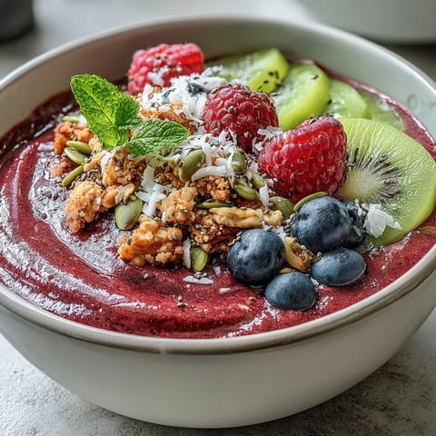 The thick, purple smoothie base of Beet and Berry Smoothie Bowl is swirled with chia seeds and garnished with sliced strawberries.