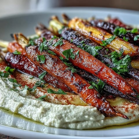 Colorful rainbow carrots roasted to perfection alongside smooth hummus, creating a perfect vegan appetizer pairing.  