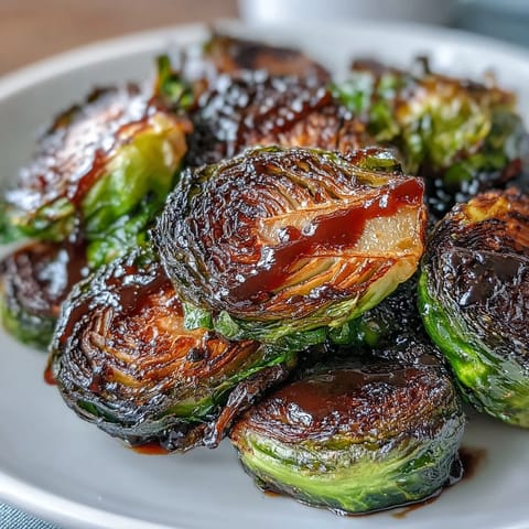 Golden brown Roasted Brussels Sprouts with Balsamic glistening on a white serving platter, drizzled with sweet and tangy glaze.