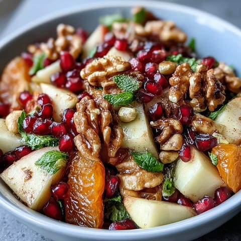 Brightly lit bowl of Pomegranate and Walnut Salad with glistening pomegranate arils and crunchy walnut pieces, ready to serve.