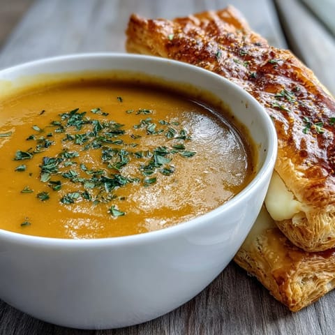 Creamy soup served with flaky pastries, a comforting fall meal.