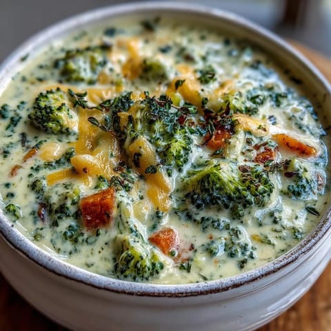 Creamy, golden Roasted Broccoli Cheddar Soup with crusty bread waiting.