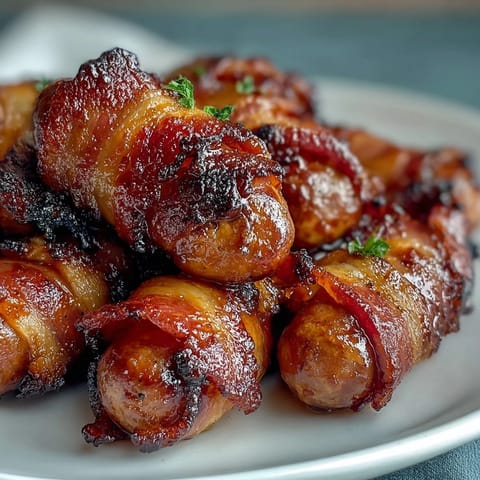 Perfectly crispy Bacon-Wrapped Smokies arranged on a baking sheet with toothpicks, ideal for a quick and easy appetizer at game day parties.