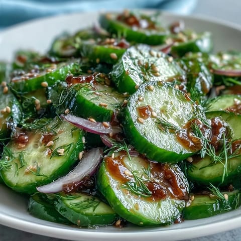 Bright red onions and fresh dill mingle with thinly sliced cucumbers in a glistening, tangy vinegar dressing. This vegetarian Refreshing Crunchy Cucumber Salad is served chilled in a white bowl.