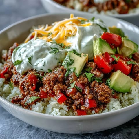 A Low Carb Burrito Bowl with seasoned ground beef, cauliflower rice, and fresh toppings on a fork.