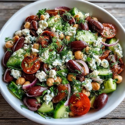 Fresh marinated beans, cherry tomatoes, crisp cucumber, and crumbled feta in Greek Bean Salad with Lemon Marinated Beans are ready to serve chilled on a white plate.