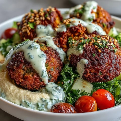 Falafel Bowl topped with tangy tzatziki, drizzled with tahini sauce, and garnished with parsley and toasted sesame seeds for serving.